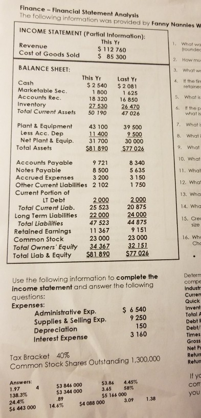 prepare an in income statement Finance - Financial Statement Analysis The