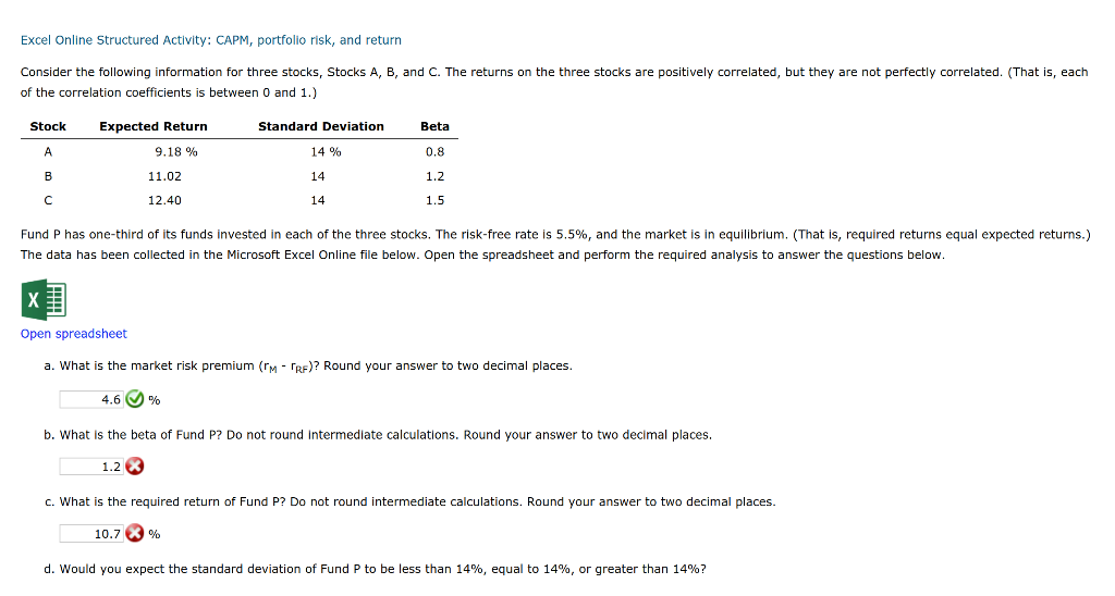 Excel Online Structured Activity: CAPM, portfolio risk, and return Consider the