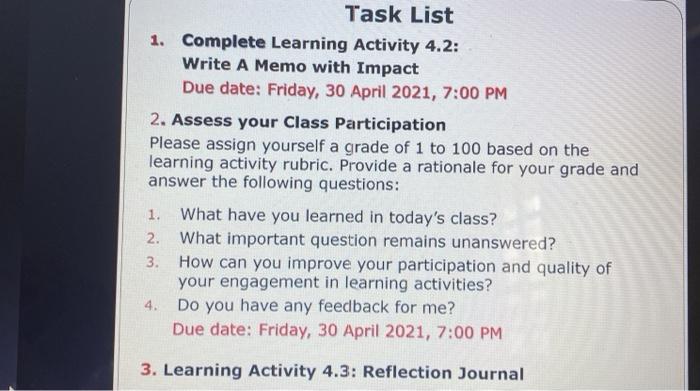  Task List 1. Complete Learning Activity 4.2: Write A Memo with