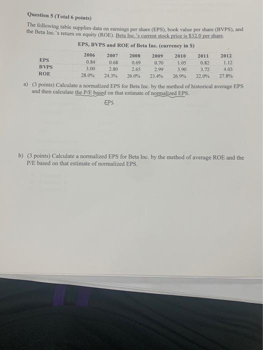  Question 5 (Total 6 points) The following table supplies data on