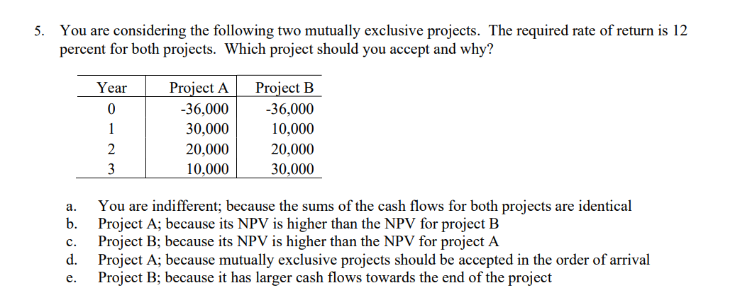  You are considering the following two mutually exclusive projects. The required