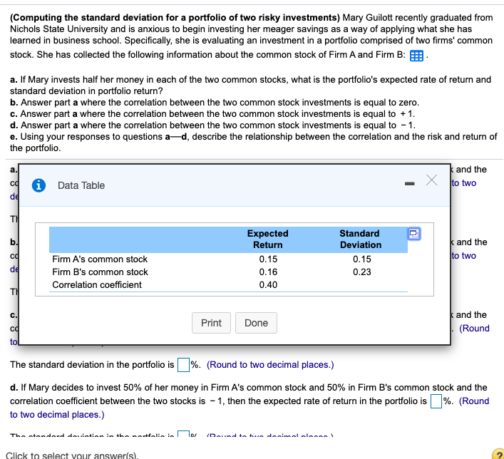  (Computing the standard deviation for a portfolio of two risky investments)