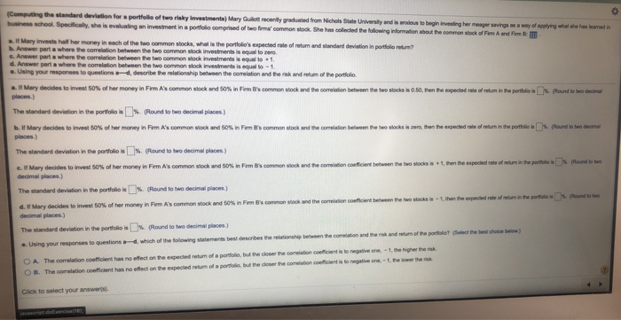  Computing the standard deviation for a portfolio of two risky Investments,