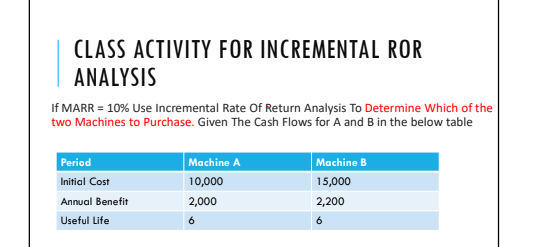 CLASS ACTIVITY FOR INCREMENTAL ROR ANALYSIS If MARR = 10% Use