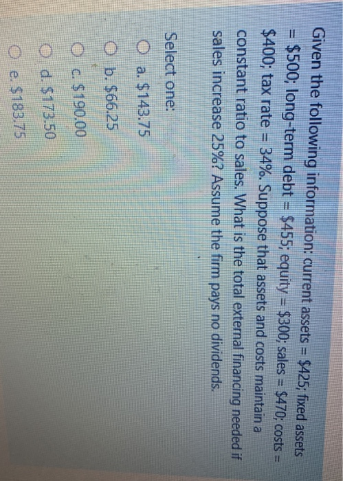  Given the following information: current assets = $425; fixed assets $500;