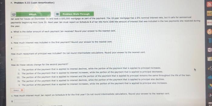  7. Problem 5.22 Loan Amartration) eBook Problem Walk-Through an old her