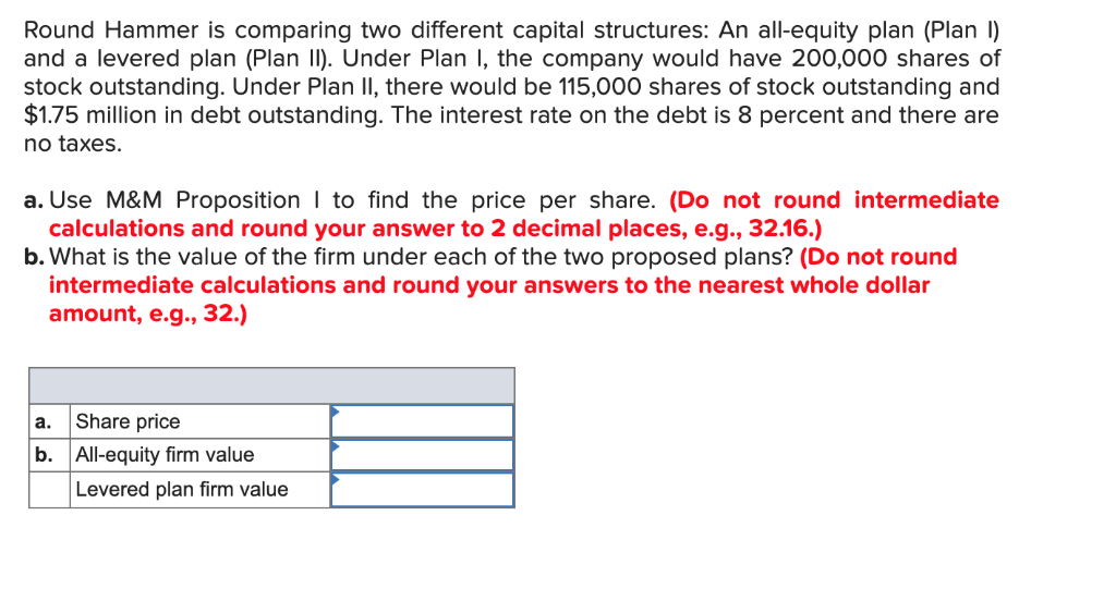 Round Hammer is comparing two different capital structures: An all-equity plan
