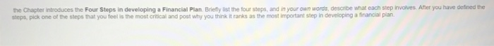  the Chapter introduces the Four Steps in developing a Financial Plan.