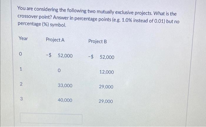 please help You are considering the following two mutually exclusive projects. What