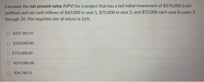  Calculate the net present value (NPV) for a project that has