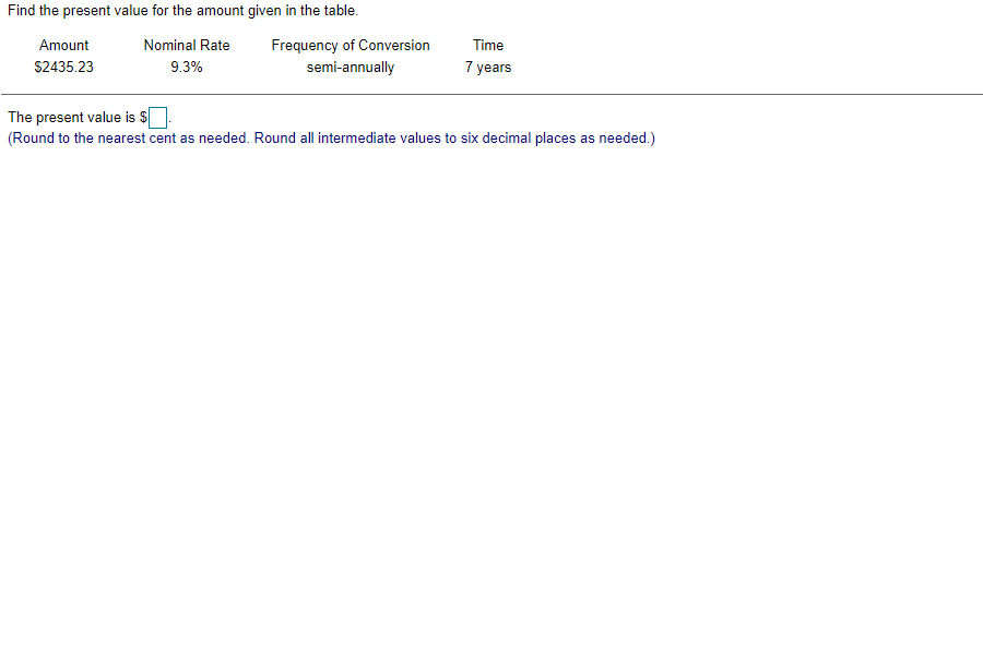 Find the present value for the amount given in the table.