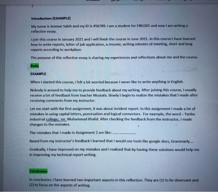  Q: write Self Refliction to your Assignming this example how you