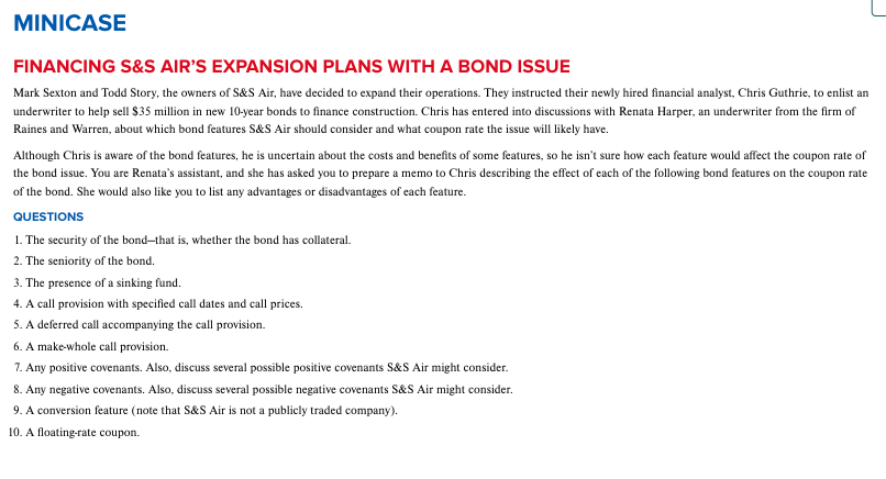 PLEASE SHOW WORK FINANCING S\&S AIR'S EXPANSION PLANS WITH A BOND ISSUE