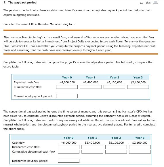 7. The payback period a Aa The payback method helps fims