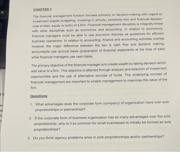  X ts ad de e CHAPTER 1 The financial management function