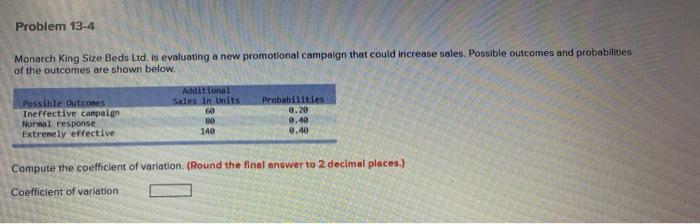  Problem 13-4 Monarch King Size Beds Ltd. is evaluating a new