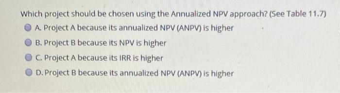 these equally risky projects is 10 percent Table 11.7 - Base on