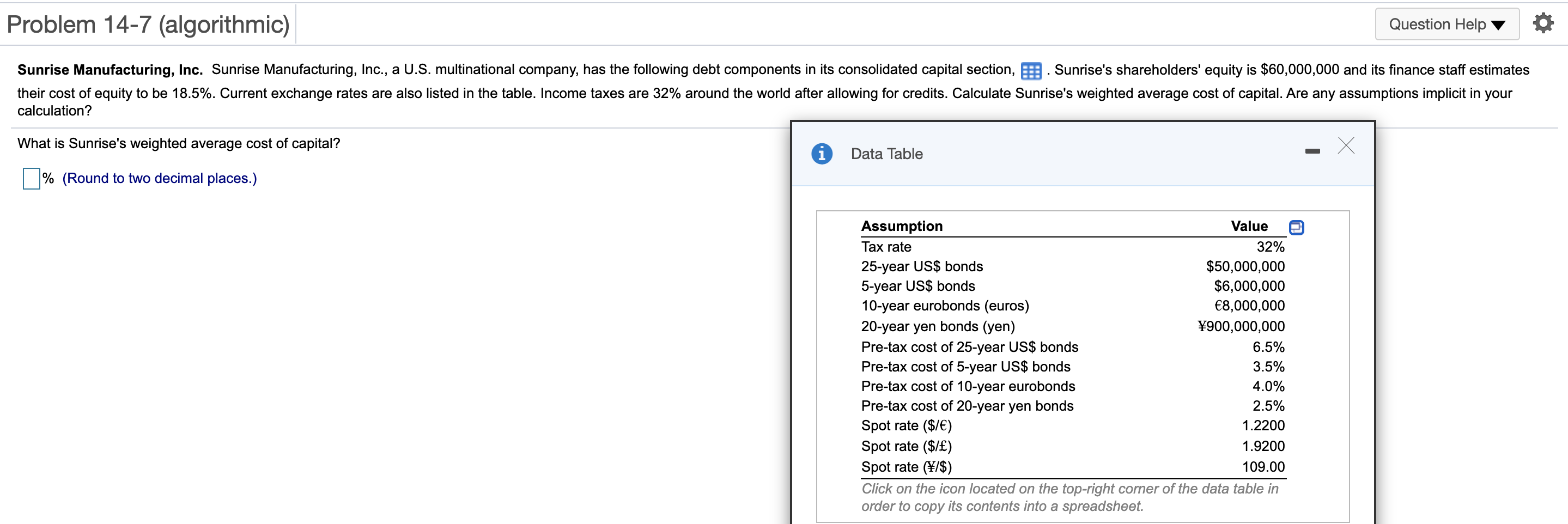  Problem 14-7 (algorithmic) Question Help Sunrise Manufacturing, Inc. Sunrise Manufacturing, Inc.,