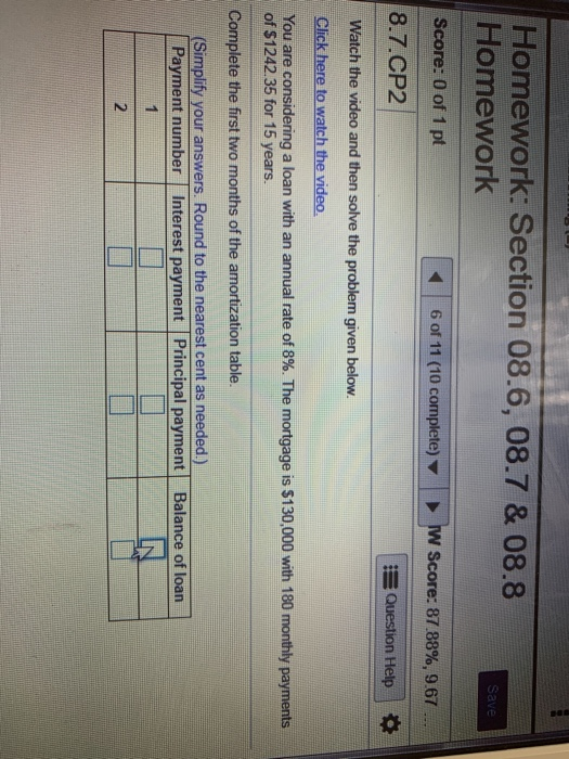  Homework: Section 08.6, 08.7 & 08.8 Homework Save Score: 0 of