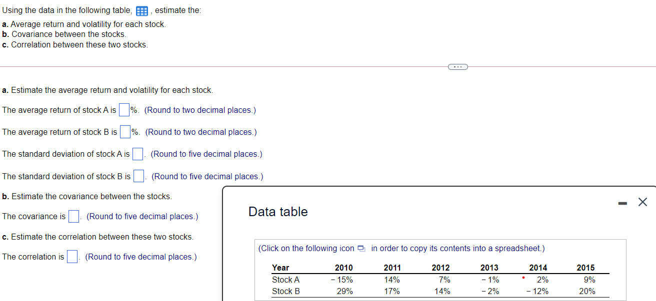  Using the data in the following table, Eestimate the: a. Average