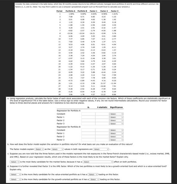 a. Using regression analysis, calculate the factor deras or eacn swock