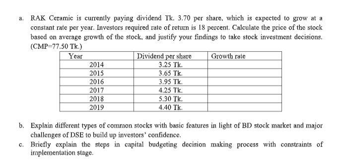 Answer Only Part (C) a. RAK Ceramic is currently paying dividend Tk.