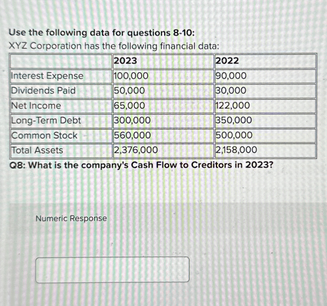  Use the following data for questions 8-10: XYZ Corporation has the
