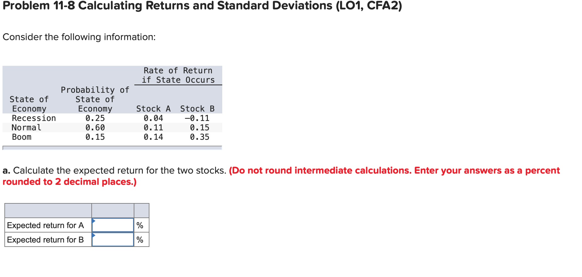  Problem 11-8 Calculating Returns and Standard Deviations (L01, CFA2) Consider the