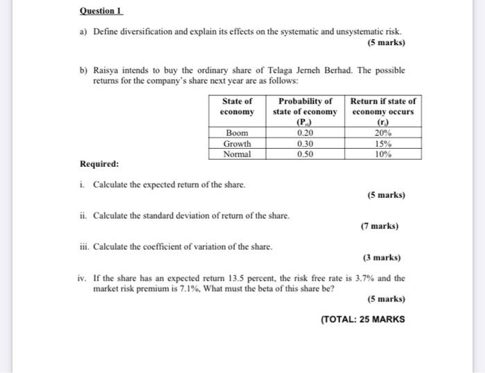  Question 1 a) Define diversification and explain its effects on the