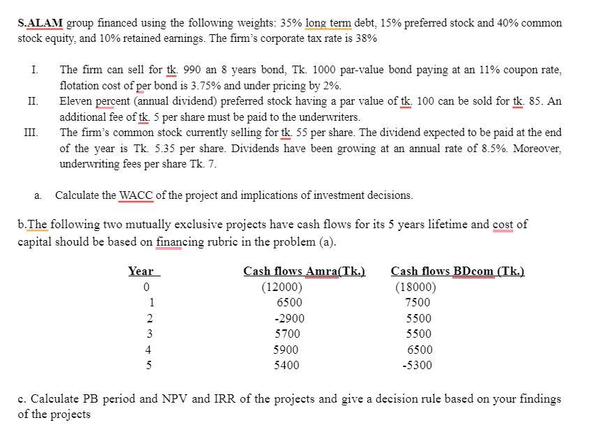 Answer Only Part (B) S.ALAM group financed using the following weights: 35%