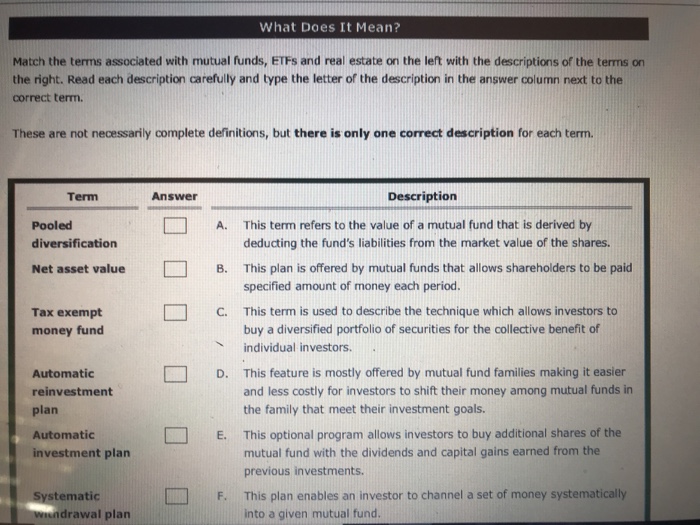  What Does It Mean? Match the terms associated with mutual funds,