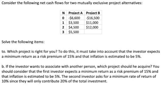 Consider the following net cash flows for two mutually exclusive project