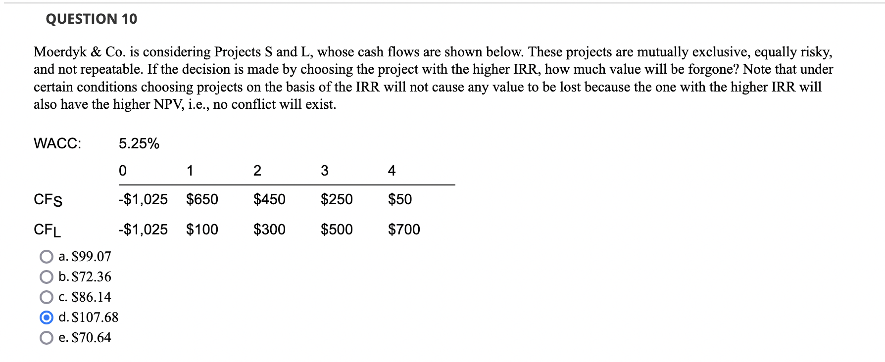  Moerdyk \& Co. is considering Projects S and L, whose cash