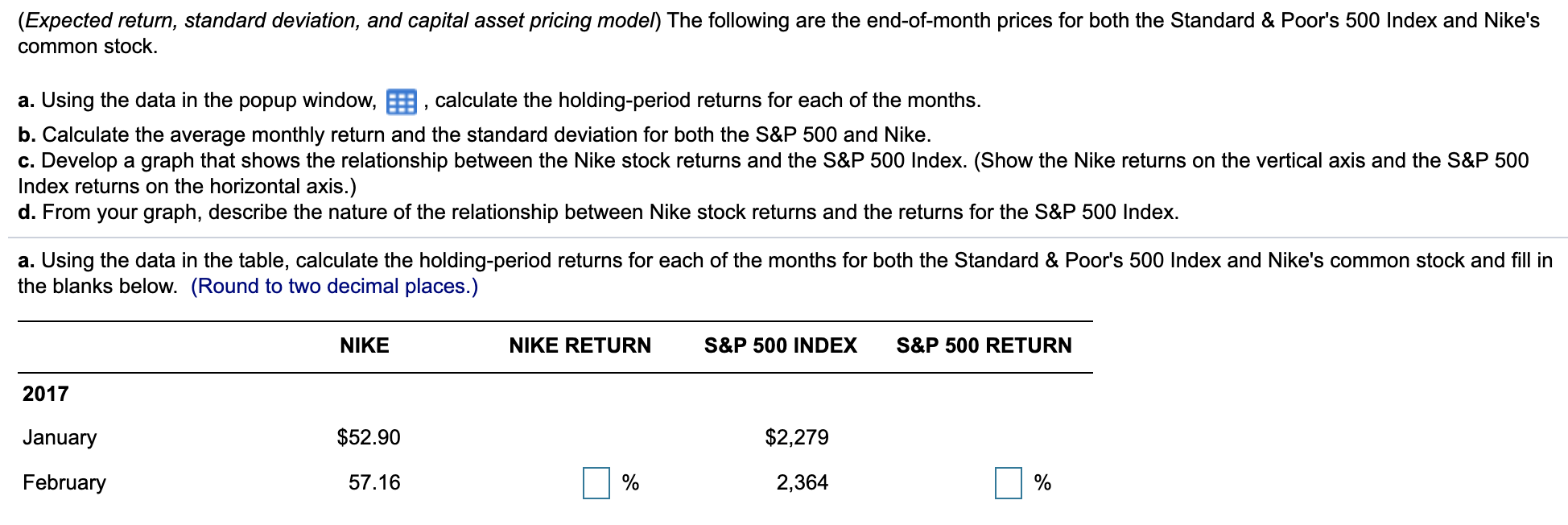 please help answer a-d (Expected return, standard deviation, and capital asset pricing