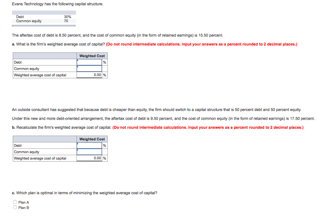  Evans Technology has the following capital structure Debt Common equity 30%