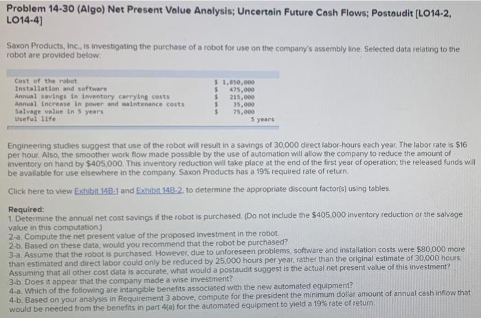  Problem 14-30 (Algo) Net Present Value Analysis: Uncertain Future Cash Flows: