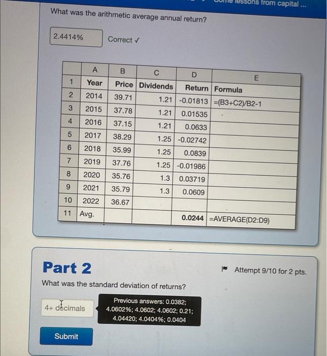 >> Intro The following table shows historical beginning-of-year prices for a stock