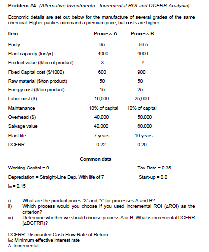  Problem #4: (Alternative Investments - Incremental ROI and DCFRR Analysis) Economic