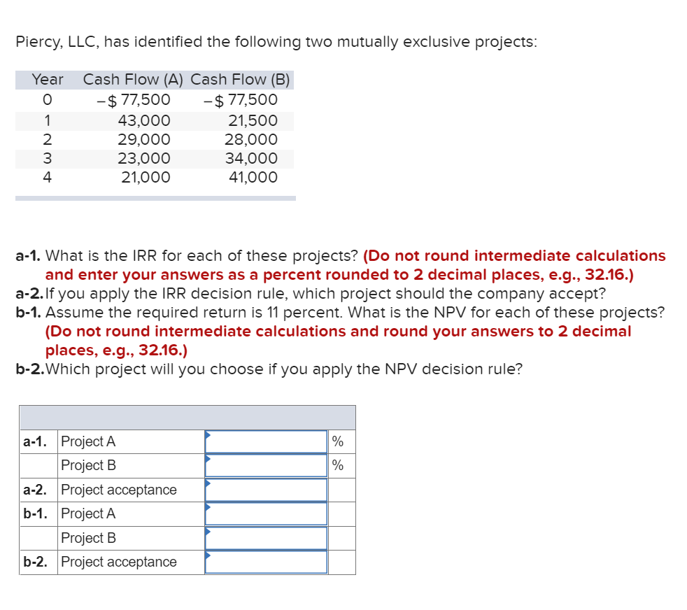 Piercy, LLC, has identified the following two mutually exclusive projects: Year