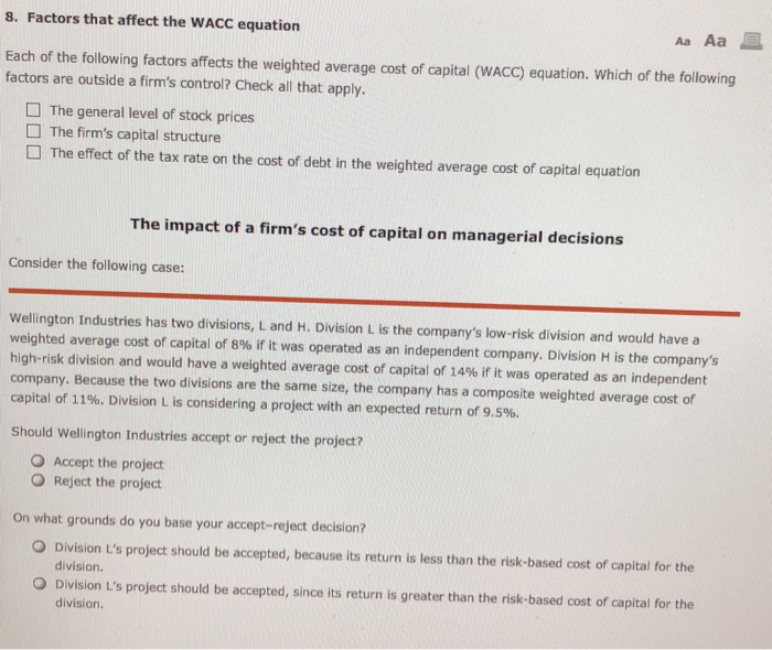  8. Factors that affect the WACC equation Aa Aa Each of