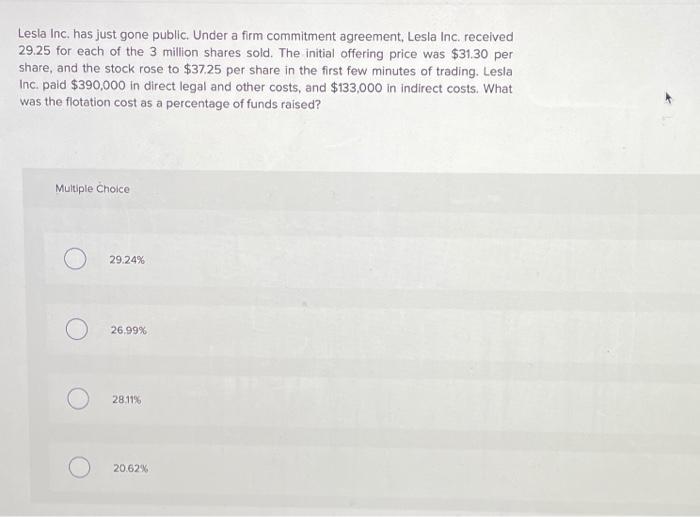 Lesla Inc. has just gone public. Under a firm commitment agreement.