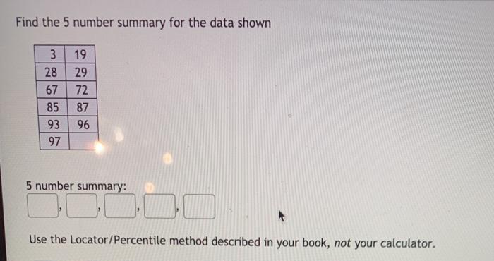  Find the 5 number summary for the data shown 19 29