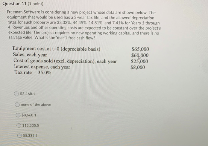 Question 11 (1 point) Freeman Software is considering a new project
