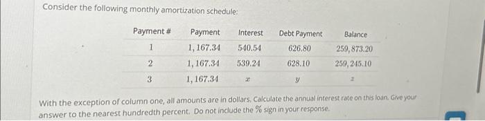  Consider the following monthly amortization schedule: Payment # 1 2 3