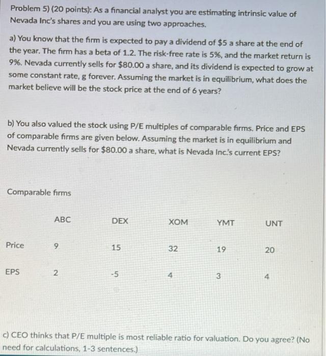  Problem 5) (20 points): As a financial analyst you are estimating
