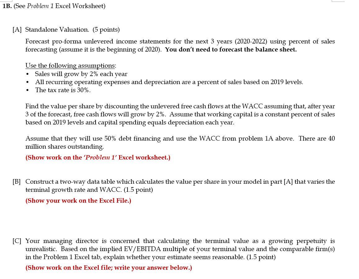  1B. (See Problem 1 Excel Worksheet) [A] Standalone Valuation. (5 points)