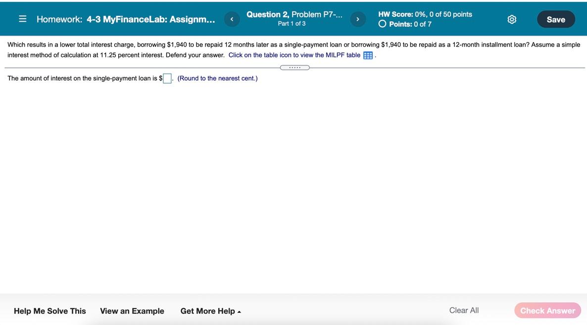  Homework: 4-3 MyFinanceLab: Assignm... Question 2, Problem P7-... Part 1 of