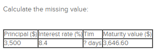 Calculate the missing value: Principal ($) Interest rate (%) Tim Maturity
