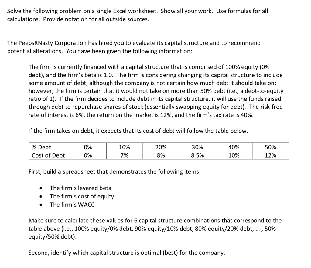  Solve the following problem on a single Excel worksheet. Show all