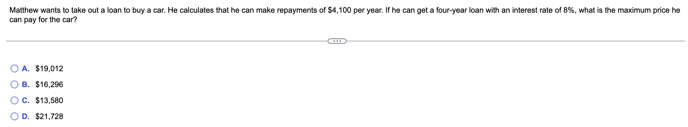 1. 2. can pay for the car? A. \\( \\$ 19,012 \\)